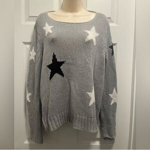 Wooden Ships Long Sleeve Gray Knit Sweater Black and White Stars - M/L - EUC